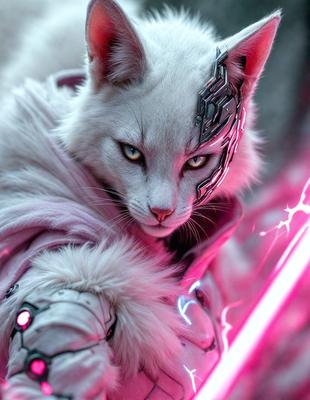 The primary subject of the image is a white cat with a metallic face mask. The cat is wearing a white coat and appears to be posing for the camera. The setting is a room with a pink background, which adds a contrasting color to the scene. The visual style of the image is a combination of photo and digital art, creating a unique and eye-catching appearance. The dominant colors in the image are white and pink, giving the scene a warm and inviting atmosphere.